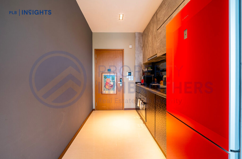 Foyer and kitchen area with contrasting tones